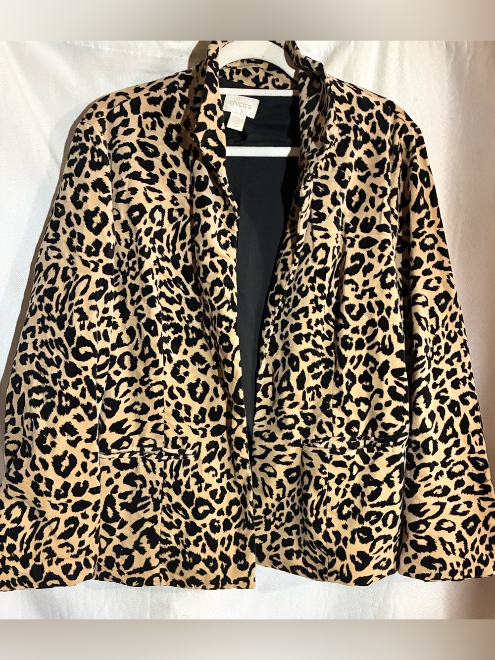 Chicos Leopard Print Open Blazer Sz 3 US XL Jacket Cover Dressy Animal Fun